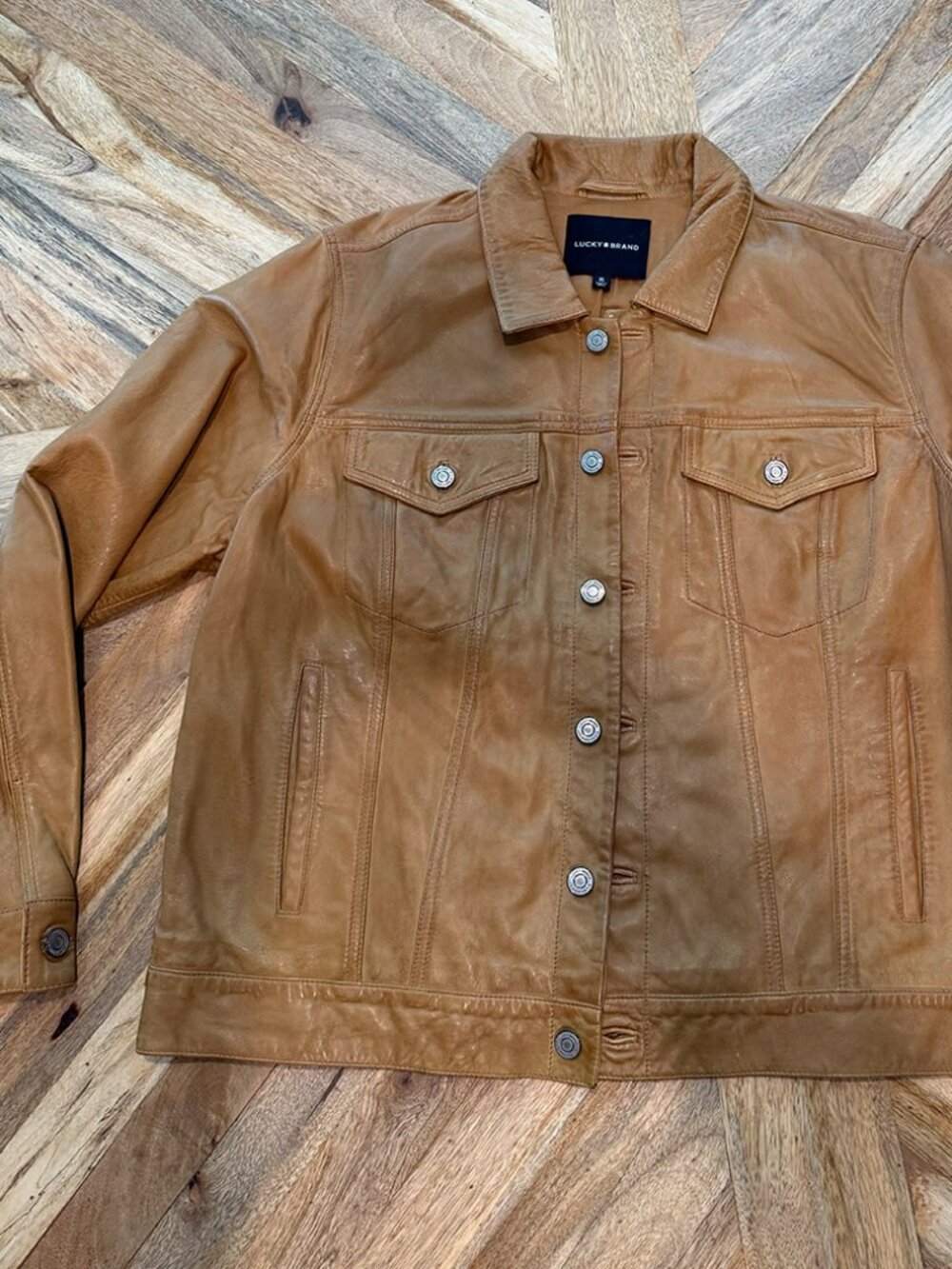 NWT Lucky Brand Leather Trucker Jacket • Cognac Lambskin • XL • Classic